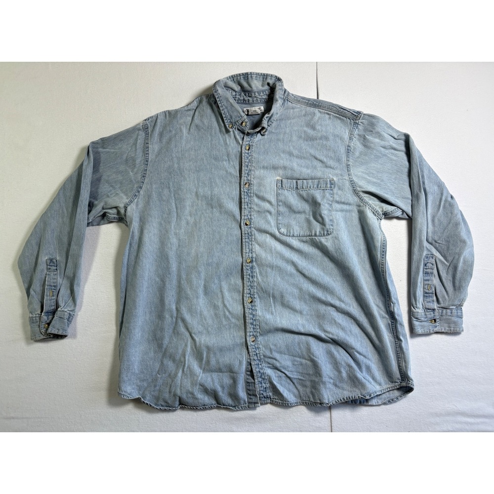 Cherokee Mens Plus 3XL Light Wash Denim‎ Button Down Shirt Long Sleeve Cotton